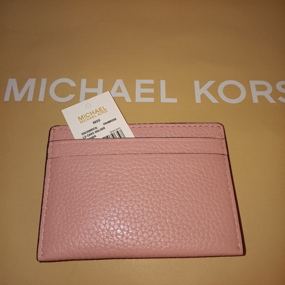 NEW! Michael Kors Reed Logo Card Holder MK Signature - Primerose Leather - Picture 2 of 3